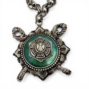 Pendant Necklace Green Heraldic Crest Oxidized Silver Tone Fashion Jewelry 18 In